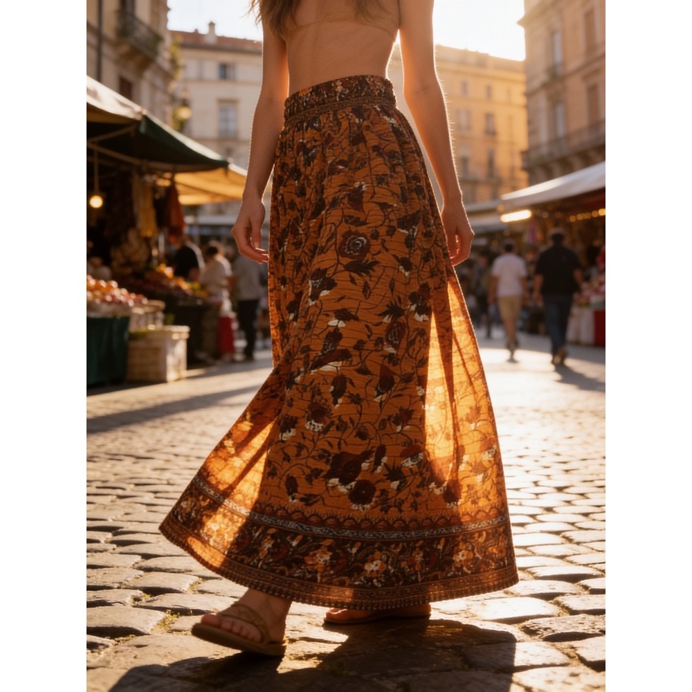 Vintage Handmade Batik Floral‎ Maxi Skirt Brown Mustard Boho High Waist Size 6